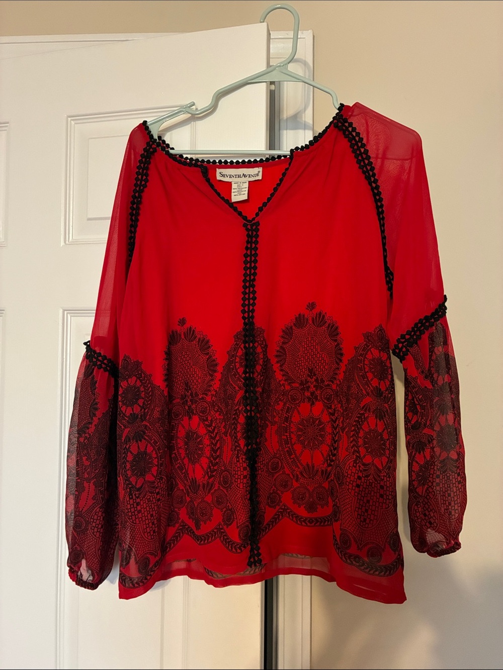 Seven7 Red Sheer Blouse with Black Lace Trim